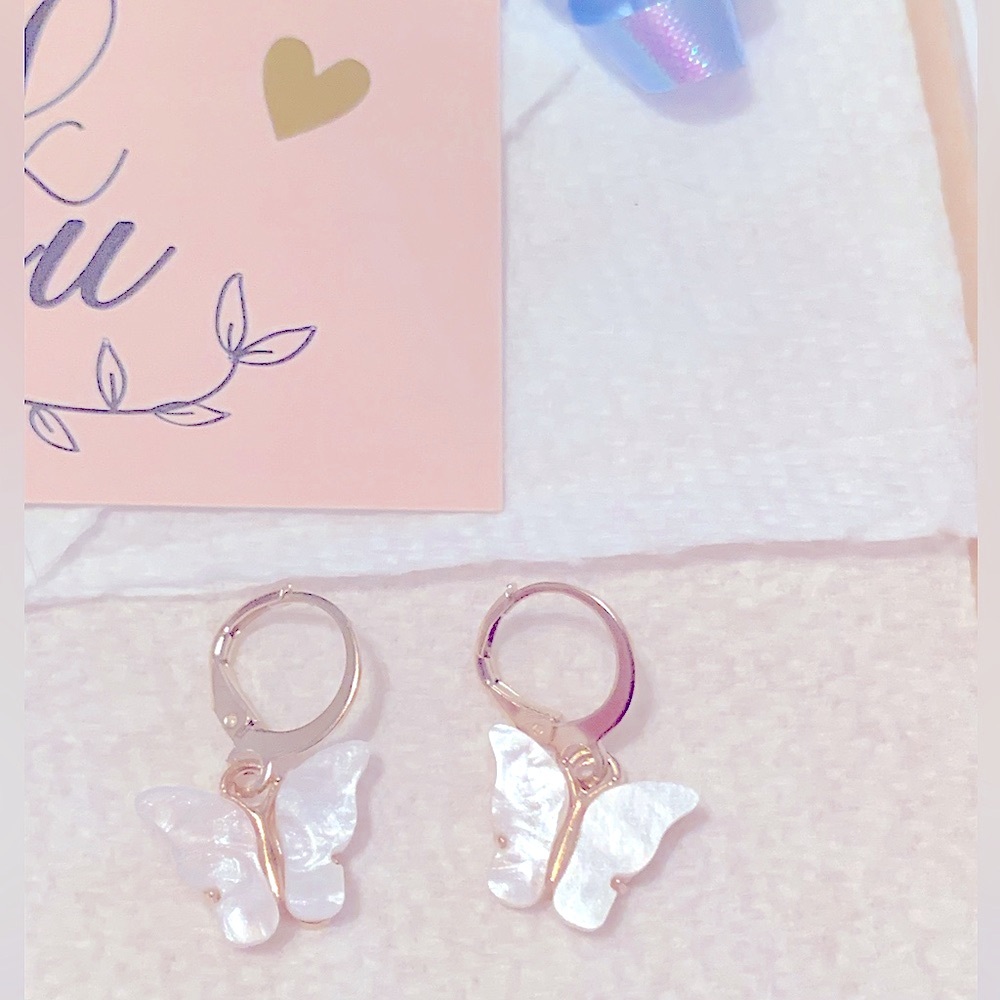 Gold White Butterfly Hoop Earrings Small Mother of Pearl NEW
